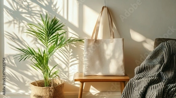 Fototapeta Tote bag on a stool next to a plant with shadows on the wall.