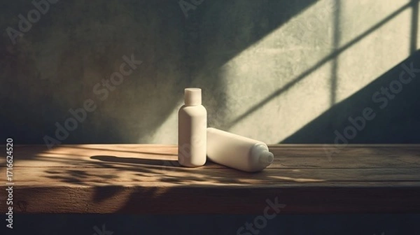 Fototapeta Two white bottles sit on a wooden surface with light shining on them.