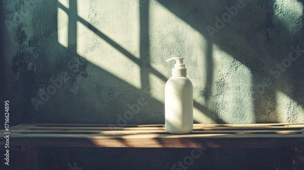 Fototapeta White bottle with pump on shelf against wall with sunlight shadows.