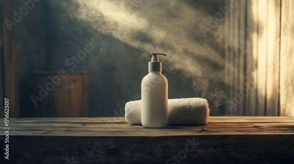 Fototapeta White bottle and towels on a wooden surface with light streaming through.