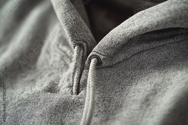 Fototapeta Close-up of a gray hooded sweatshirt with a drawstring detail.