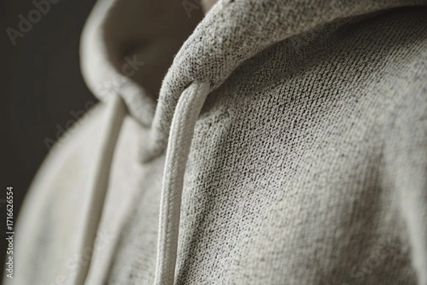 Fototapeta Close-up of a gray hooded sweatshirt showing the hood and drawstring details.