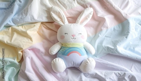 Fototapeta Soft plush bunny toy with cheerful expression sits on pastel colored sheets