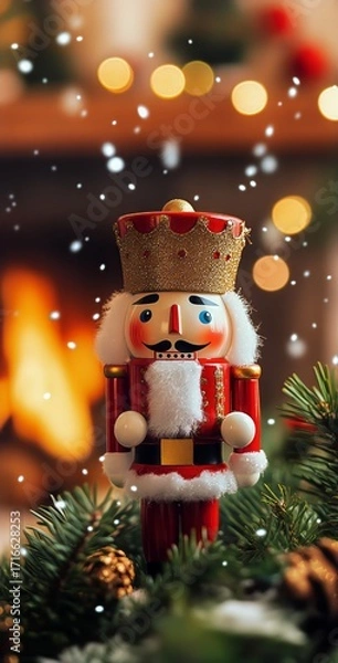 Fototapeta Nutcracker Standing on a Festive Table With a Warm Fireplace and Holiday Lights in the Background