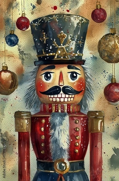 Fototapeta Colorful Nutcracker Decoration Stands out Against a Festive Background of Ornaments and Abstract Designs