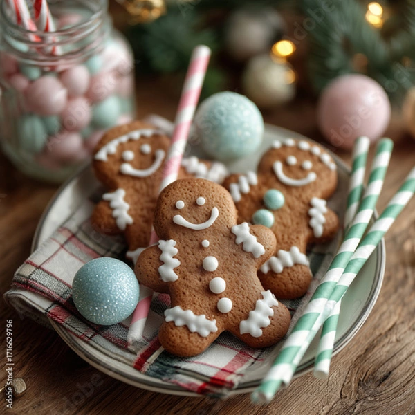 Fototapeta Gingerbread cookies with festive decorations in a cozy setting