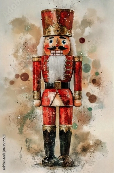 Fototapeta Colorful Nutcracker Figure With Festive Decoration and Snowflakes in the Background.