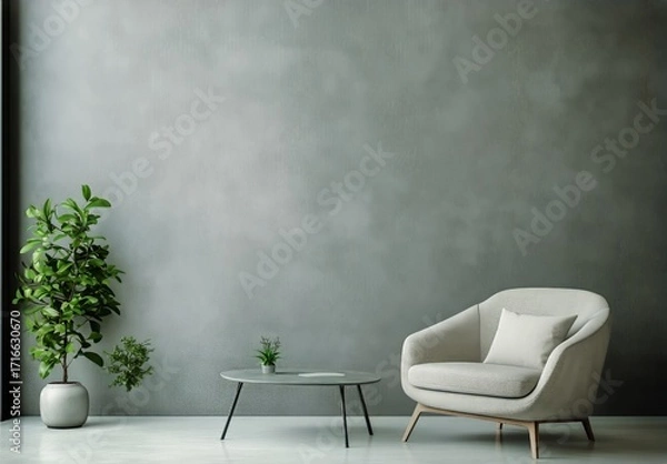 Fototapeta Modern Interior Design With a Soft Gray Chair and Stylish Decor in a Minimalist Room.