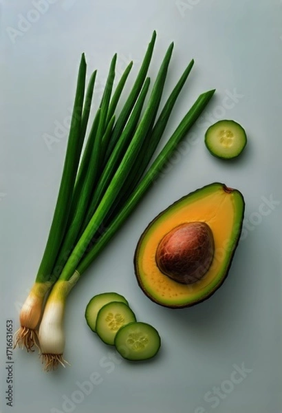 Fototapeta Fresh Green Onions, Avocado, and Cucumber Arranged on a Clean Surface