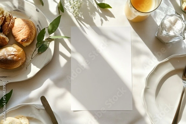 Fototapeta Breakfast table setting with pastries juice and white paper in sunlight.