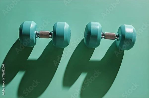 Fototapeta Weights Sit on a Green Background Casting Shadows in Bright Light