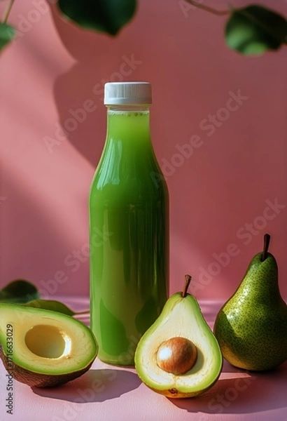 Fototapeta Fresh Green Juice in a Bottle With Sliced Avocado and Pear on a Pink Background.