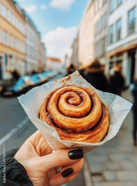 Fototapeta Enjoying Delicious Cinnamon Rolls in a Charming City Street During Twilight Hours.