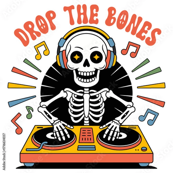 Fototapeta Groovy Retro DJ Skeleton with Headphones, Turntables, and "Drop The Bones" Text