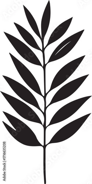 Fototapeta An illustrative vector graphic shows a dark silhouette of a plant stem with pointed leaves on either side. The image has been submitted to Adobe Stock as a vector image.