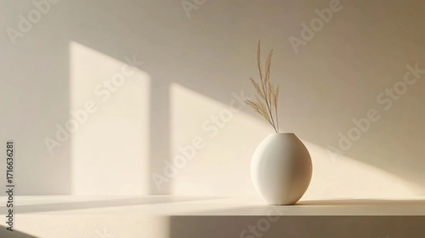 Fototapeta Vase with plant on surface with sunlight and shadow on wall.