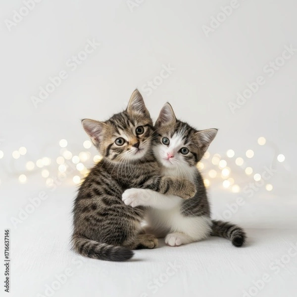 Fototapeta Two Cute Cats Hugging Together with Bokeh Lights