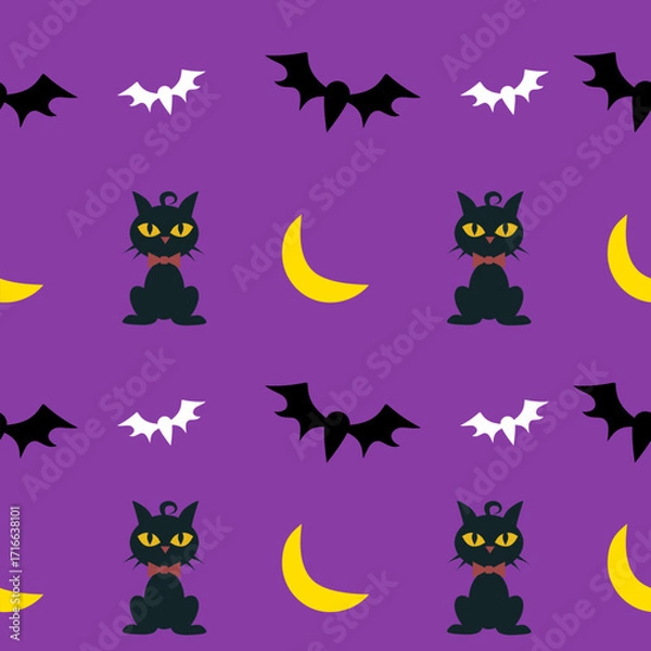 Fototapeta A seamless Halloween pattern featuring pumpkins, bats, ghosts, and spooky elements in festive colors. Perfect for seasonal backgrounds and decorations.