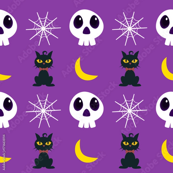 Fototapeta A seamless Halloween pattern featuring pumpkins, bats, ghosts, and spooky elements in festive colors. Perfect for seasonal backgrounds and decorations.