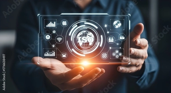Fototapeta Hands Holding Holographic Screen with ISO and Global Network Icons