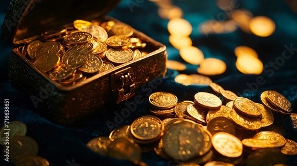 Fototapeta Open treasure chest overflowing with gold coins on a dark surface.