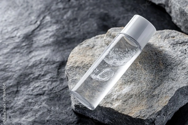Fototapeta Clear liquid in bottle rests on a rock with gray stone background.