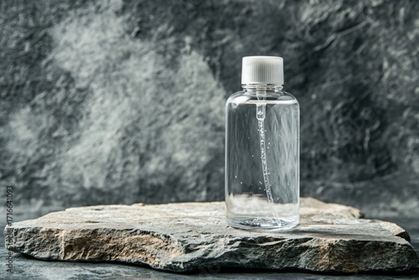 Fototapeta Clear liquid in plastic bottle sits on stone against a textured background.