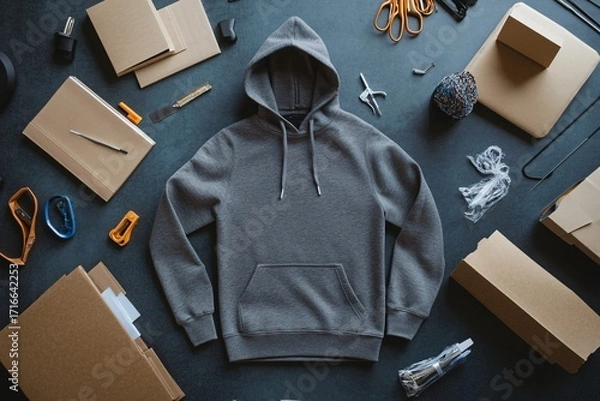 Fototapeta Gray hoodie surrounded by cardboard boxes and other items on a dark surface.