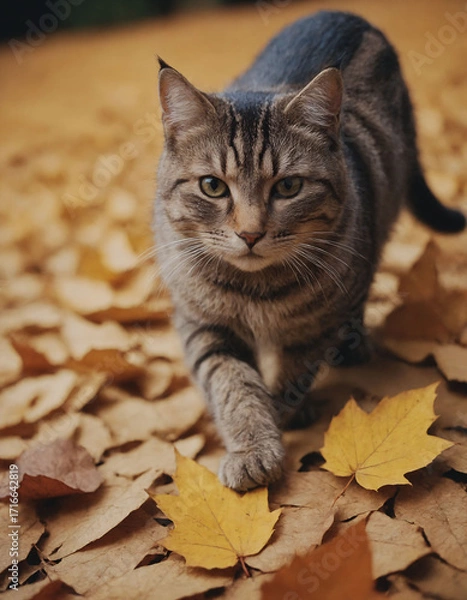 Obraz A cat walks through autumn leaves