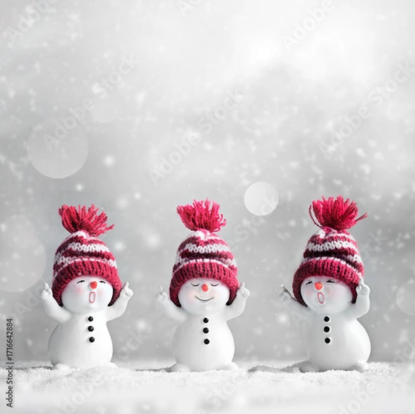 Fototapeta Three little snowman in caps on snow in the winter. Background with a funny snowman. Christmas card.