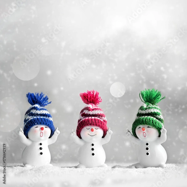 Fototapeta Three little snowman in caps on snow in the winter. Background with a funny snowman. Christmas card.
