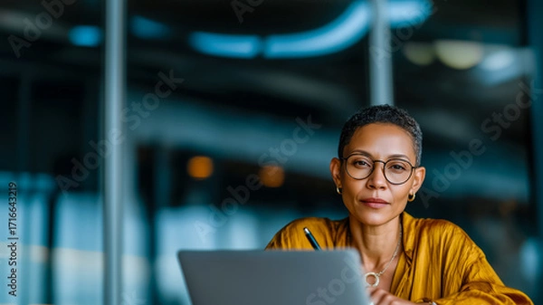 Fototapeta Portrait of adult woman in modern office during lecture on improving and updating professional knowledge, skills and abilities, copy space for concept of development and training business environment