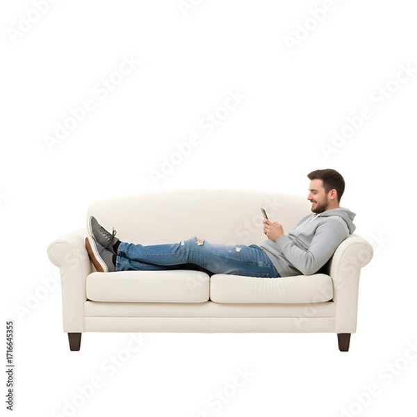 Fototapeta Man Relaxing on Sofa with Tablet on white background