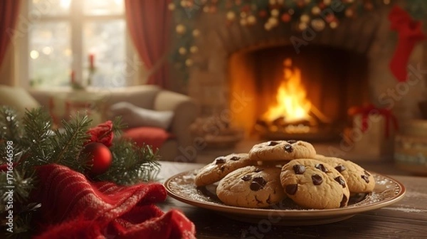 Fototapeta Warm Christmas atmosphere featuring chocolate chip cookies by the fireplace