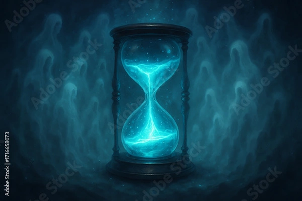 Fototapeta magical hourglass glowing with liquid light instead of sand, surrounded by ethereal ghostly silhouettes fading into a misty dreamlike realm, surreal fantasy atmosphere