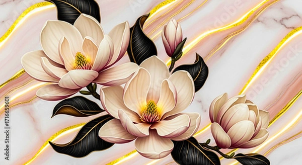 Fototapeta Elegant pink magnolia flowers and buds with dark leaves are set against a backdrop of swirling pink and gold marble.
