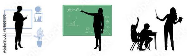 Fototapeta Back to school. Teacher and pupils silhouettes with school items on white background. Vector illustration.