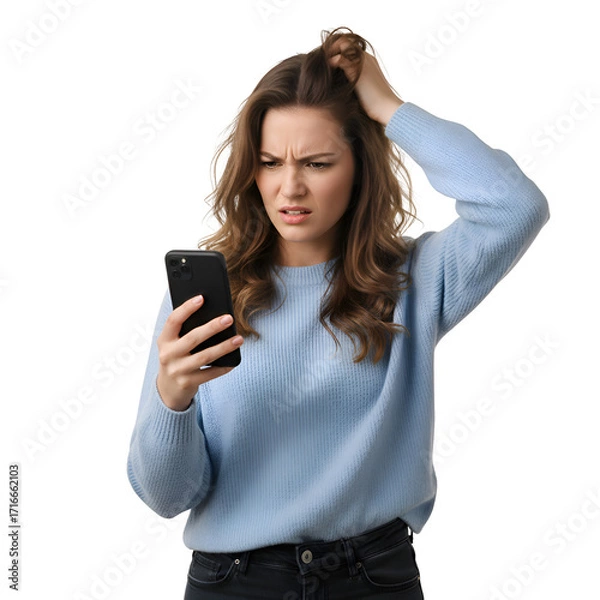 Fototapeta Frustrated Woman with Smartphone: Problem Solving, Technology Trouble on white background