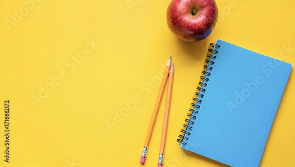 Fototapeta Flat lay composition with a blue spiral notebook, two yellow pencils, and a red apple on a bright yellow background. Minimalist school and education concept, perfect for back-to-school themes.