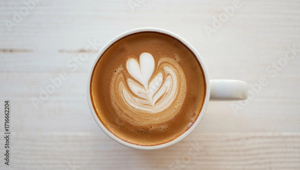 Fototapeta Top view of a cup of coffee with beautiful latte art in the foam, placed on a light wooden table. Perfect for themes related to coffee culture, morning routines and lifestyle.