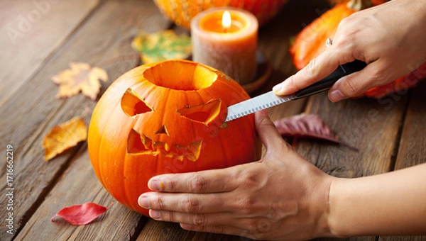 Fototapeta Close-up of hands carving a spooky face into a pumpkin for Halloween, with autumn leaves and a lit candle in the background. Festive seasonal preparation and holiday atmosphere.