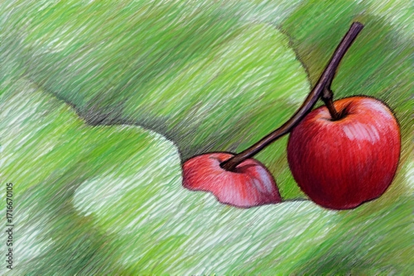 Fototapeta A fresh, red apple with a green leaf is ripe and ready to eat, a healthy and delicious snack.