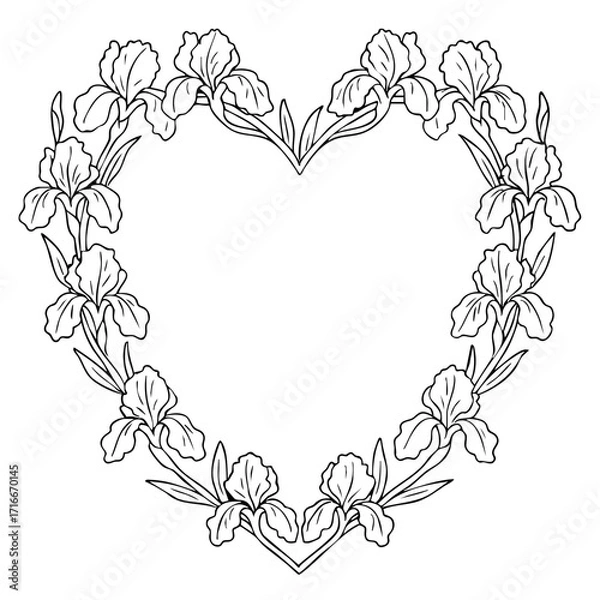 Fototapeta Heart-shaped wreath with iris flowers in soft colors.