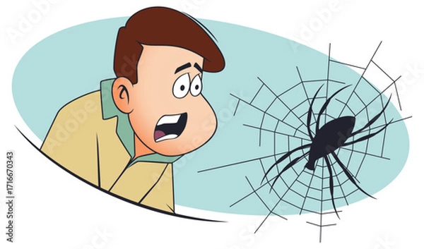 Fototapeta Man afraid of spiders. Man with arachnophobia.