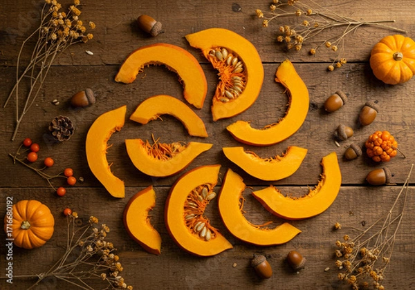 Fototapeta Raw Pumpkin Slices and Autumn Decor: A flat-lay (top-down) composition of raw, bright orange pumpkin slices arranged in a spiral pattern on a dark rustic wooden background, surrounded by small gourds,
