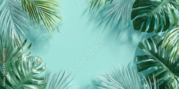 Fototapeta Tropical leaves frame on light blue background, monstera and palm leaves, summer design, copy space, top view, flat lay, pastel colors