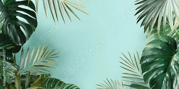 Fototapeta Tropical leaves frame on light blue background, monstera and palm leaves, summer design, copy space, top view, flat lay, pastel colors
