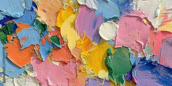 Fototapeta A dynamic and textured abstract painting featuring a harmonious blend of pink, yellow, green, blue, and orange hues in an expressive composition
