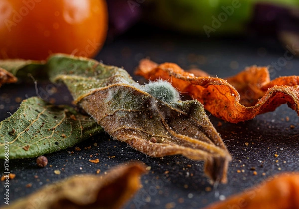 Fototapeta Descriptive Name: Moldy and Dried Herbs: A macro close-up of shriveled, dried, and decaying plant leaves and spices on a dark surface, with visible mold and a rotting texture