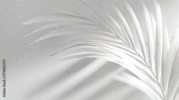 Fototapeta Elegant white palm leaf casting soft shadows on a white background, isolated on white background showcasing minimalist beauty and tropical essence